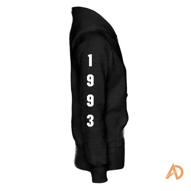 Black Hustle Girl Hoodie featuring 1993 printed vertically, perfect for modern women embracing hustle culture