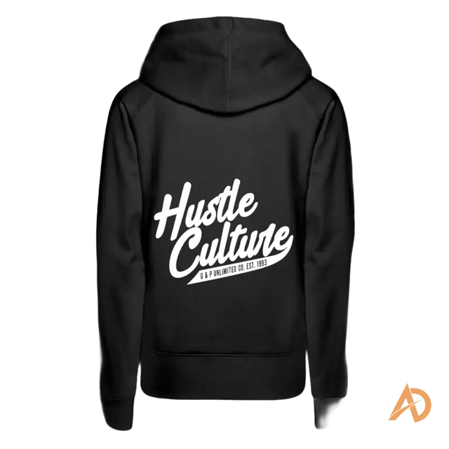Empowering girl hoodie featuring Hustle Culture text in white script on the back