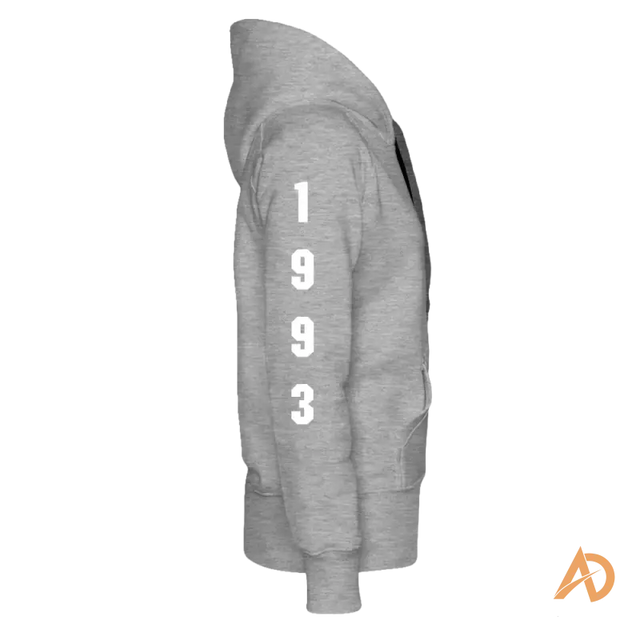 Grey hooded sweatshirt with 1993 print, an empowering girl hoodie for the modern woman