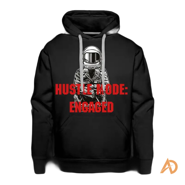 Black Hustle Mode: Engaged Hoodie featuring astronaut design and vibrant red text