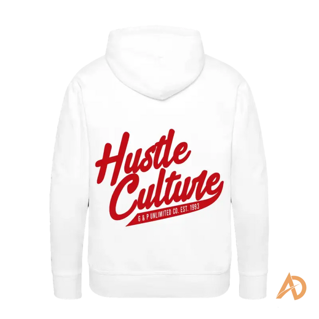 White Hustle Mode: Engaged Hoodie featuring red ’Hustle Culture’ text design on the back