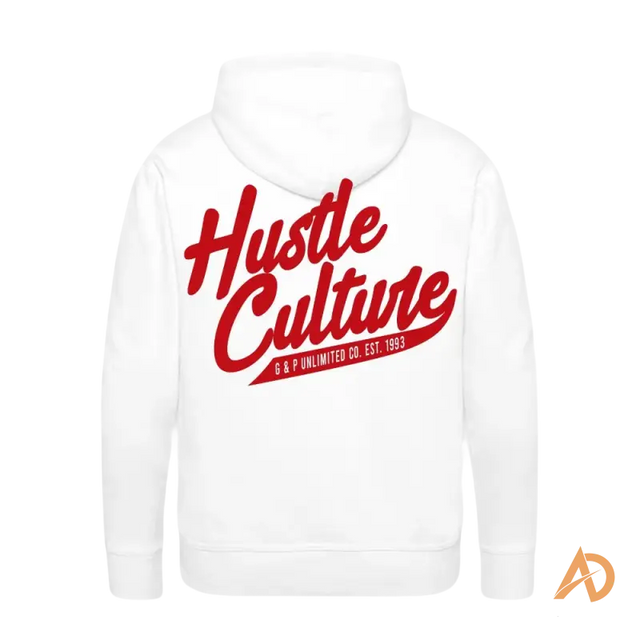 Hustle culture hoodie in white with red lettering from Relentless Ambition Premium Hoodie