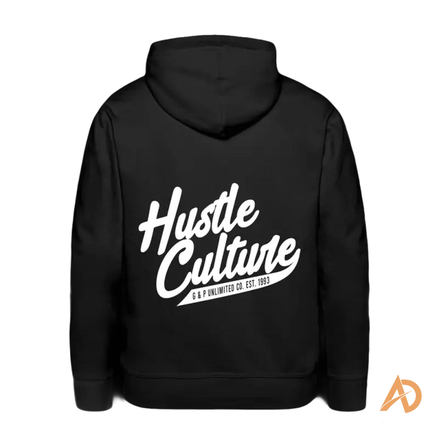 Black premium hoodie featuring Hustle Culture design for Stay Hungry, Stay Young collection
