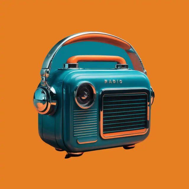 Vintage turquoise portable radio with orange accents and attached headphones.