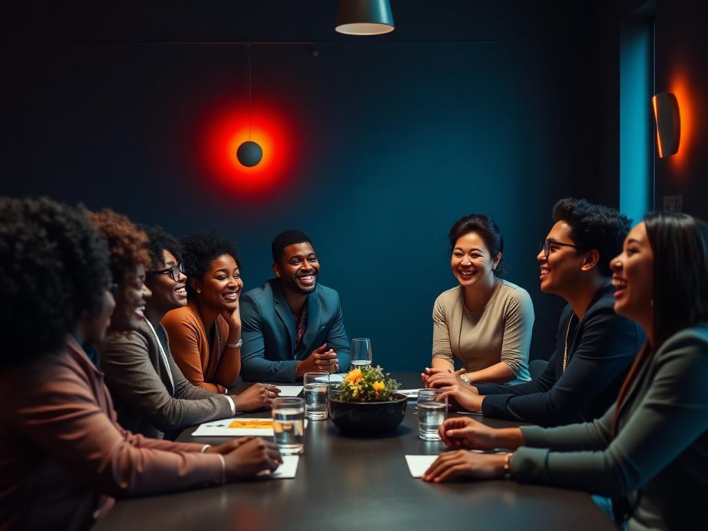 Diverse cohort of builders collaborating around a table