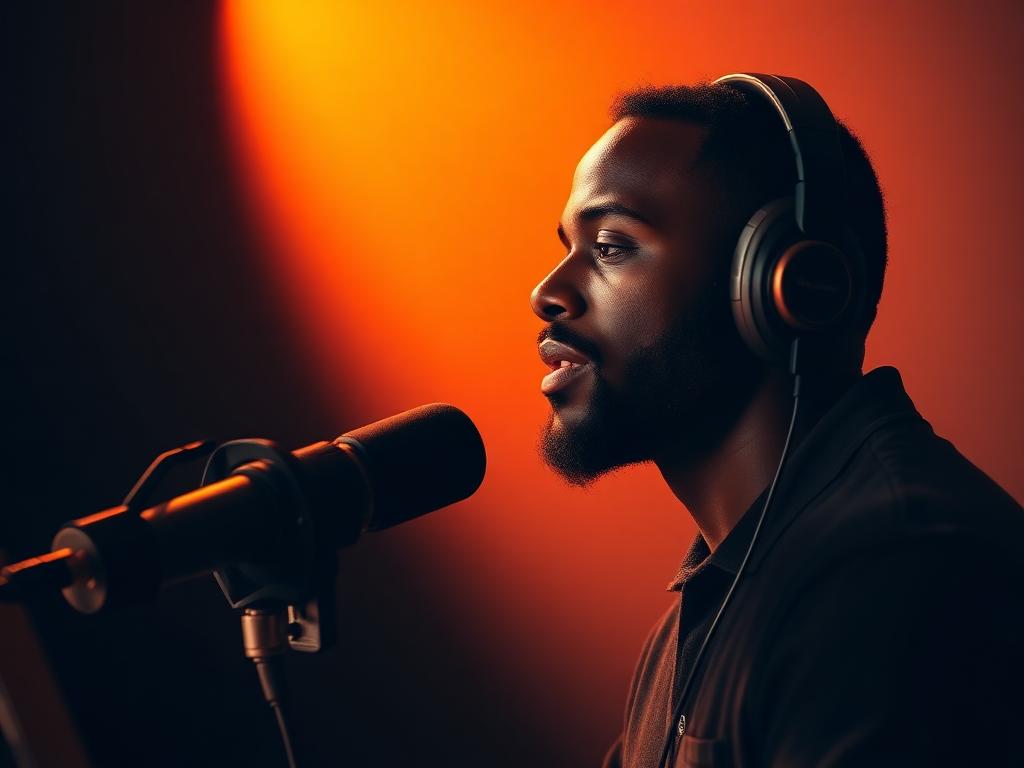 Podcaster recording in a studio with warm orange lighting