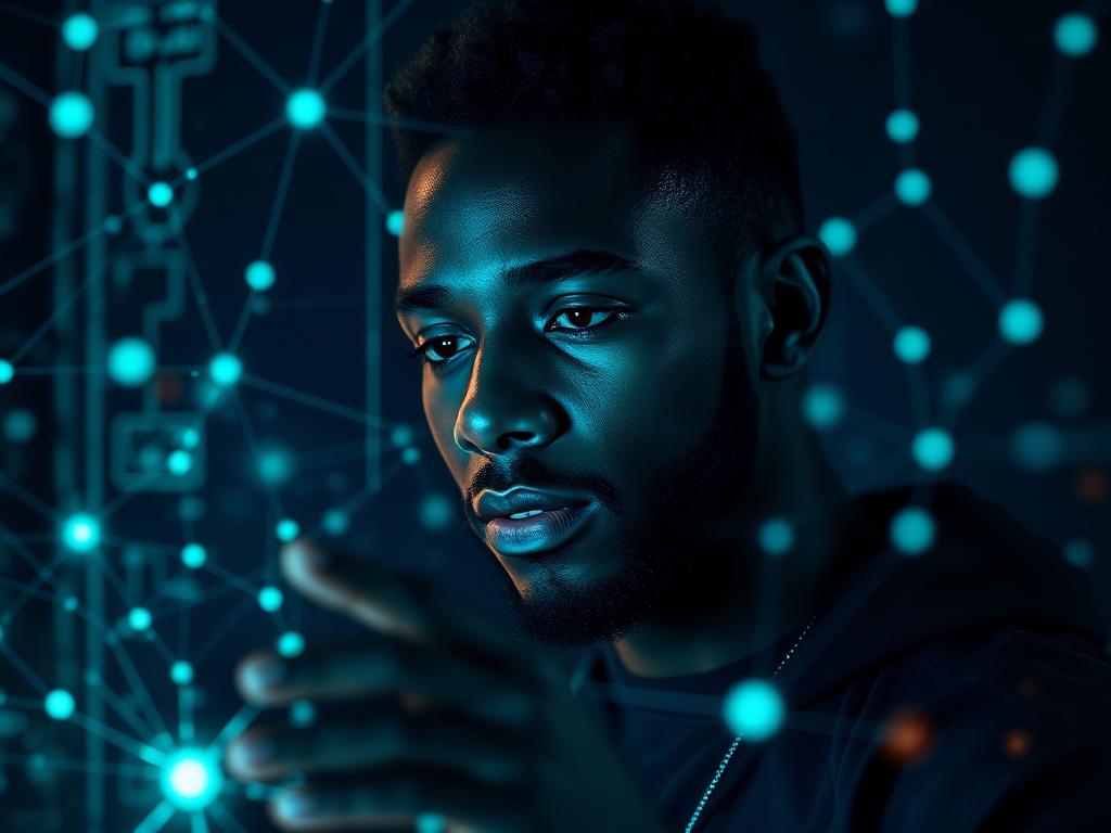 Builder interacting with a futuristic teal holographic platform interface