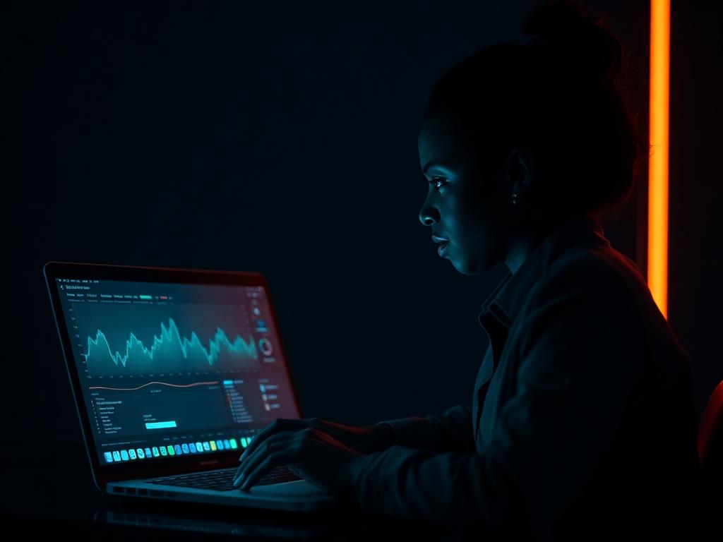 Builder working on a glowing teal analytics dashboard in a dark studio