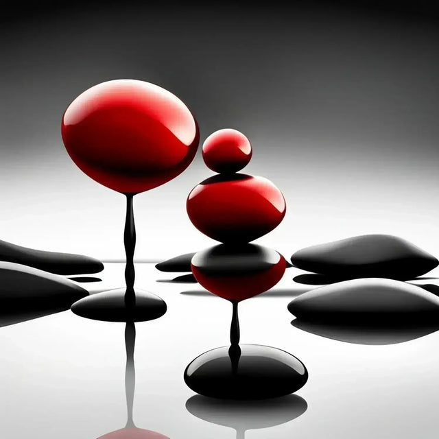 Red sphere and two black spheres on reflective surface in hustle focused environment.