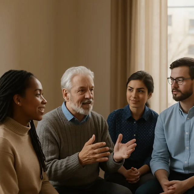 Four adults engaged in a purposeful discussion promoting leadership insight and adoring God