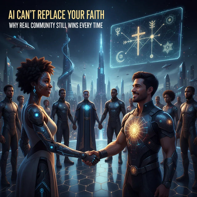 Futuristic metallic armor with glowing accents symbolizing authentic community and spiritual lives