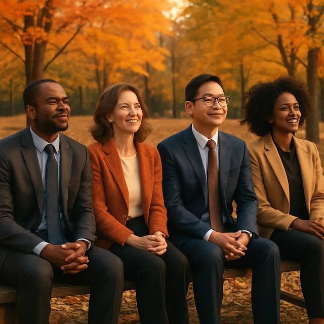 Diverse professionals in business attire on bench in autumn park exemplifying attitude determines success