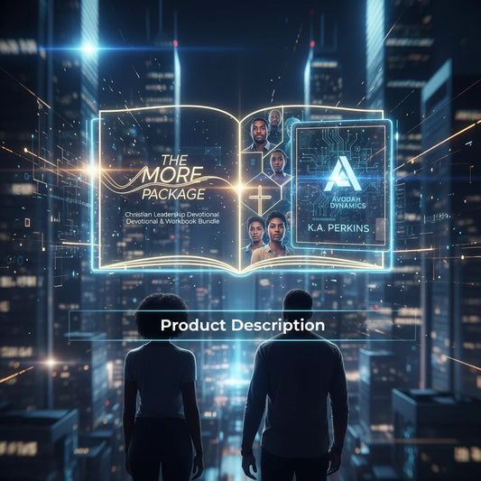 Holographic book on Christian leadership development in futuristic cityscape