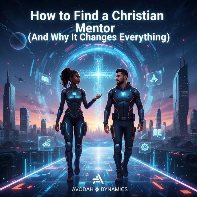 Futuristic black and blue suit with glowing accents in Avodah Dynamics Christian mentoring faith journey.