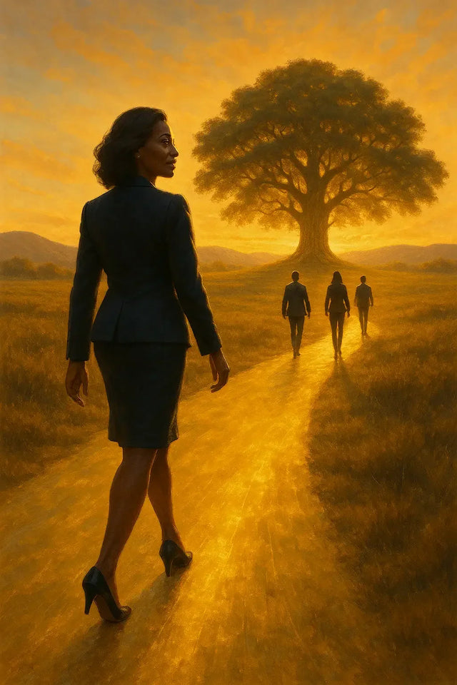 Woman in business suit walking path to real estate legacy