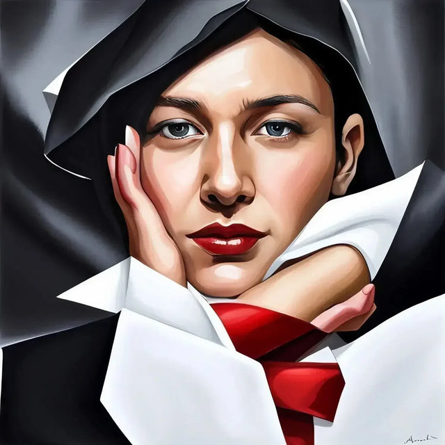 Painting of woman in red tie embodying growth mindset for personal development