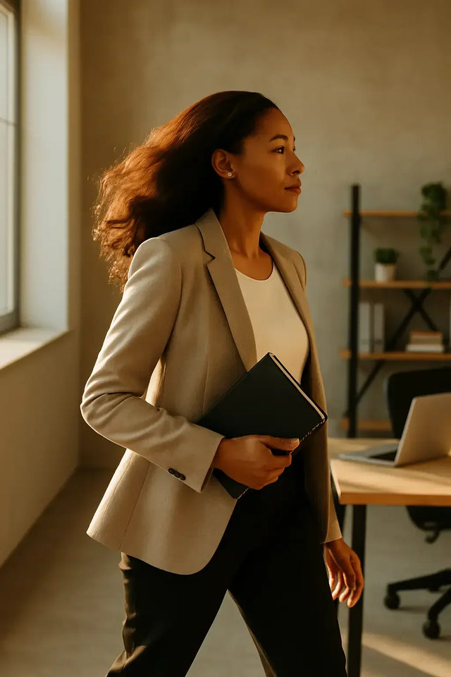 Woman in beige blazer holds notebook on purpose-driven leadership insight