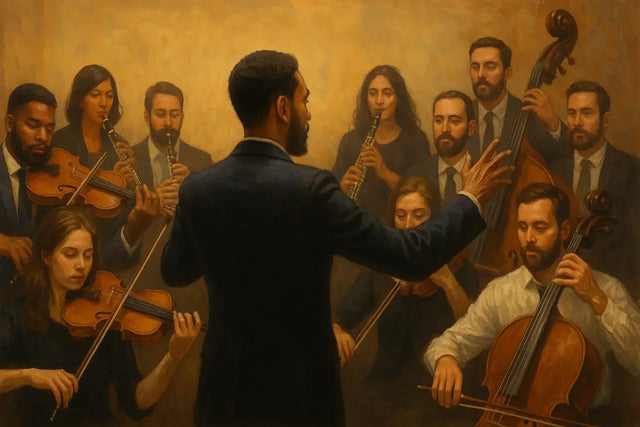 Diverse orchestra musicians in divine symphony led by conductor