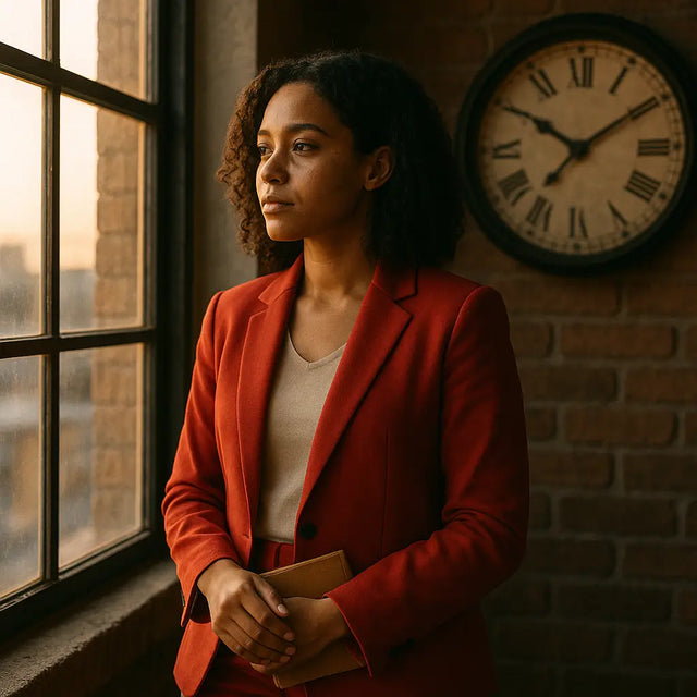 Red wool blazer with black buttons in divine timing article