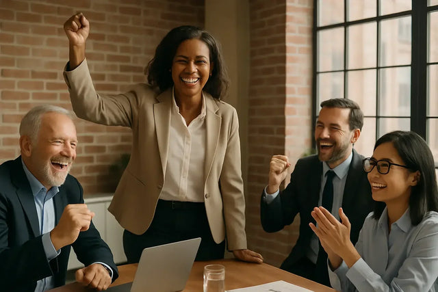 Effective leaders in beige blazer outfit embody victory mindset