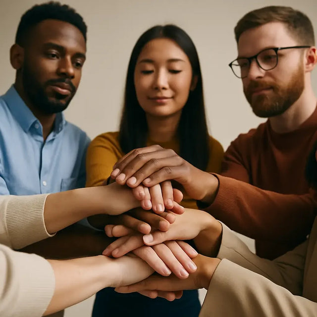 Diverse group uniting hands for divine multiplication and exponential growth