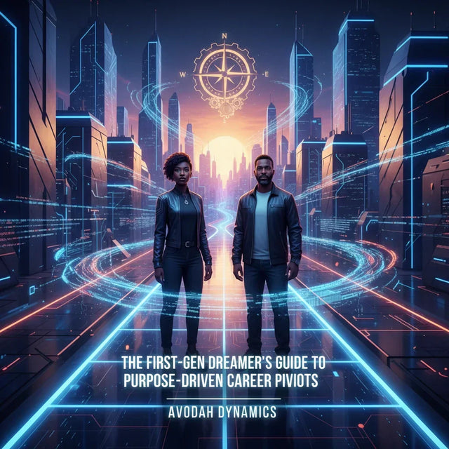 Cyberpunk cityscape inspiring first-gen professionals purpose-driven career pivots