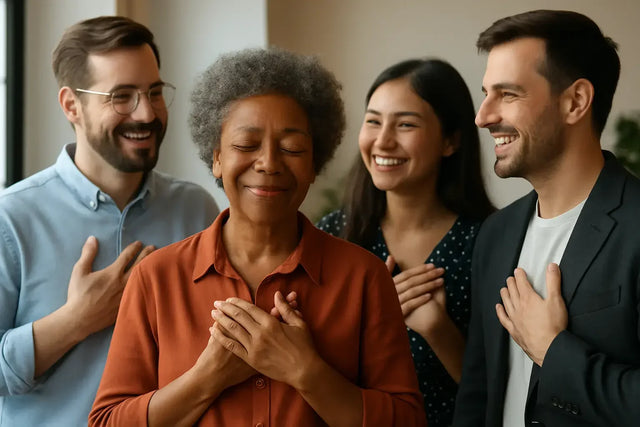 Diverse adults expressing gratitude with hands over hearts for greater impact