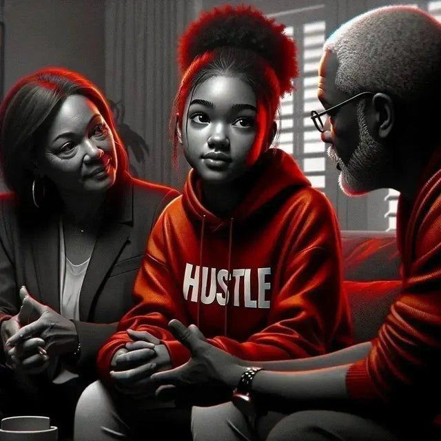 Young adults on couch with child: hard work vs instant gratification