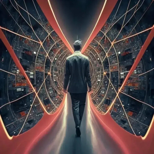 Man embracing failure in hustle culture, walking tunnel with red light