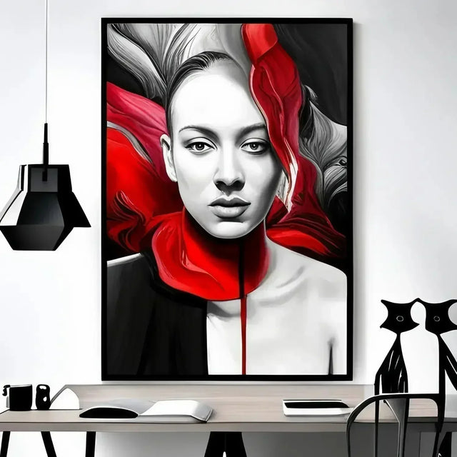 Painting of woman with red flowers, embodying hustle culture problem solving