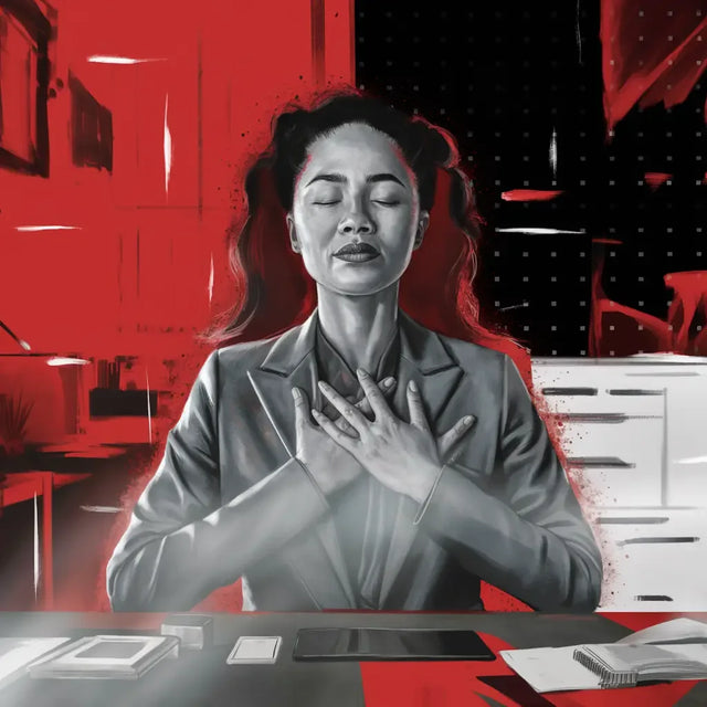 Person in gray blazer meditating to prevent burnout in hustle culture