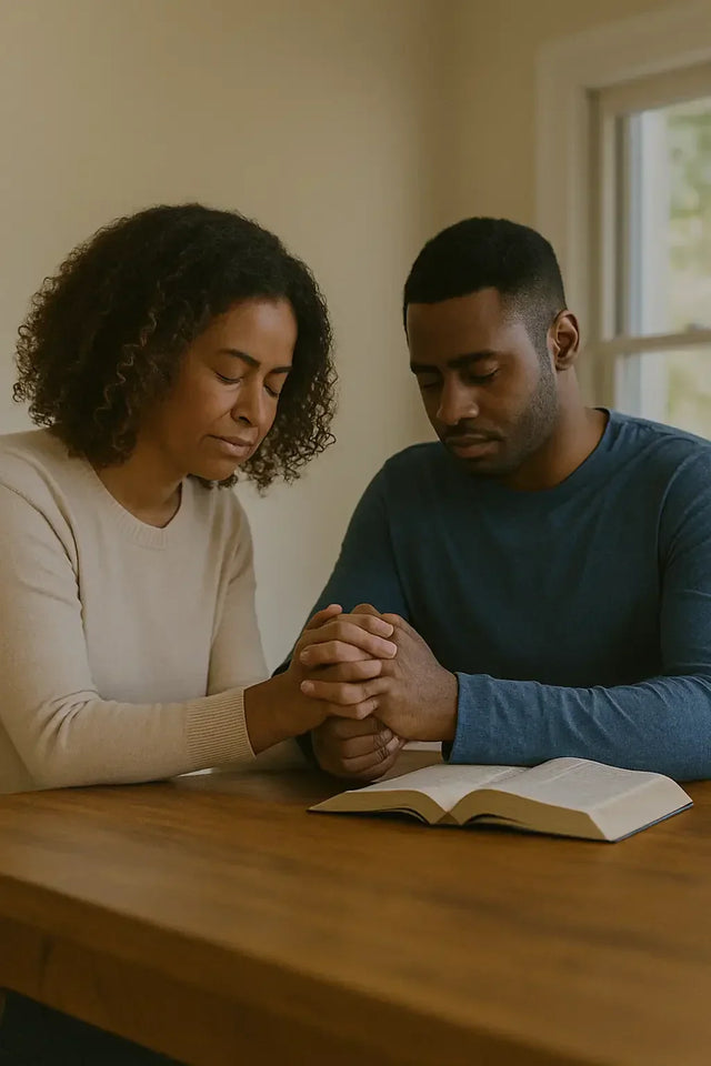 Couple praying over Bible in leadership journey finding hope