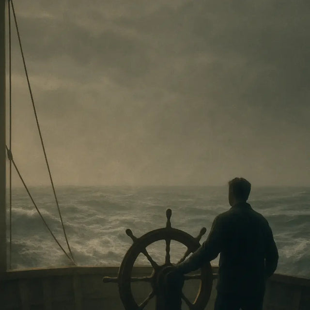 Leader steering ship wheel amid rough seas, peace strengthens leadership clarity