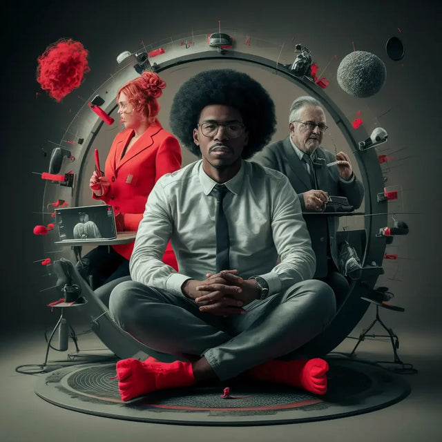 Man in white shirt and red pants sits with woman in red dress, balancing personal time and healthy lifestyle