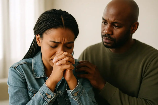 Man comforting woman in purpose-driven leadership moment