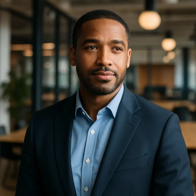 Sound mind: Blue button-down shirt with navy blazer and white buttons