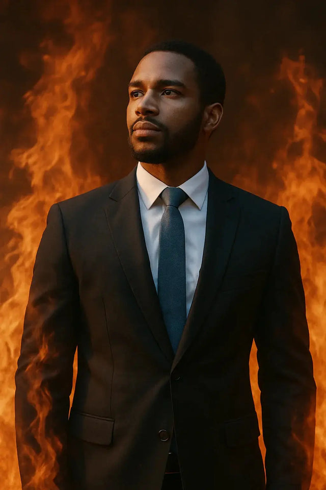 Black suit jacket with blue tie for modern leaders who stand firm