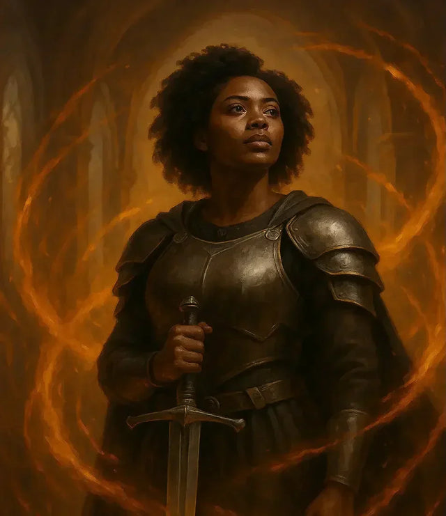 Female warrior in dark armor embodies purpose-driven leadership for sustainable success.