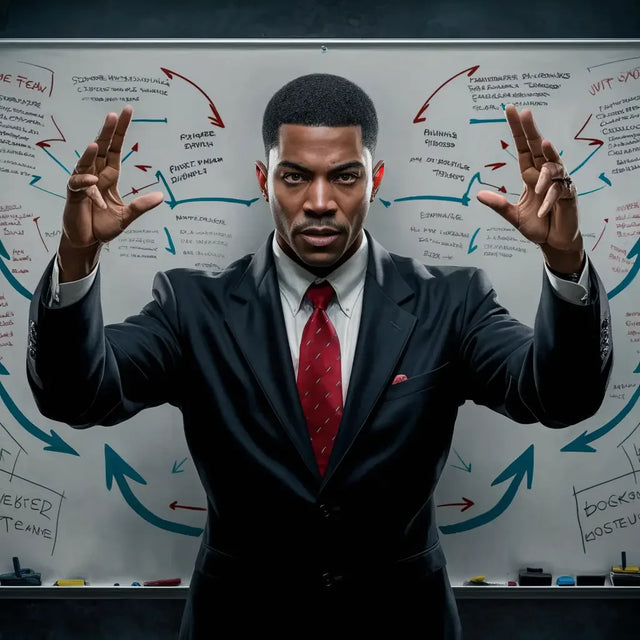 Man in suit pointing up, mastering effective communication in transformational leadership