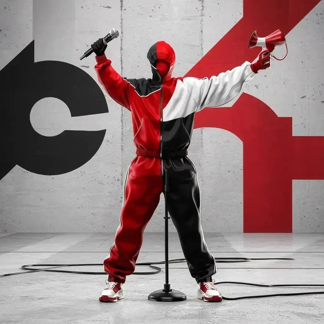 Man in red and white suit strikes karate pose, symbolizing effective communication in hustle culture.