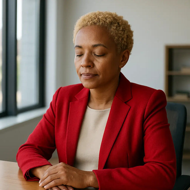 Woman in red blazer and white shirt with short blonde hair, finding strength in the Lord