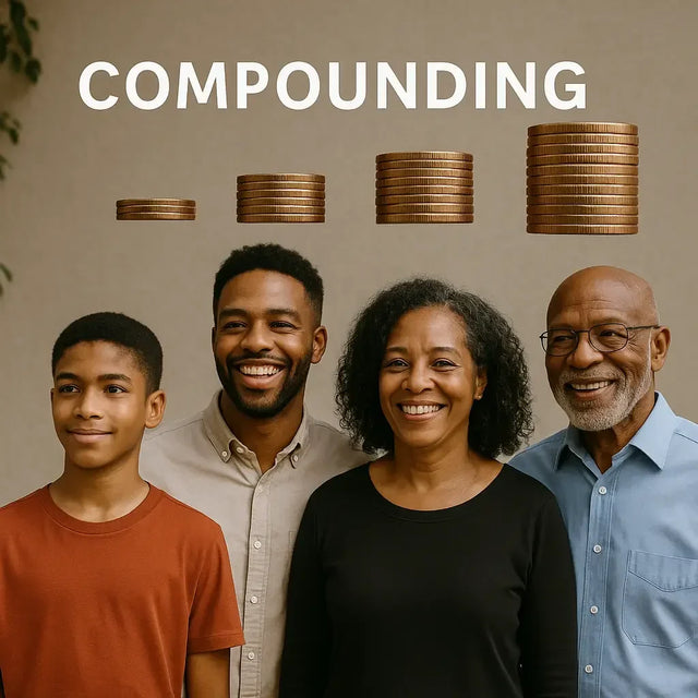 Four generations smiling with coin stacks, trusting Gods timing for growth