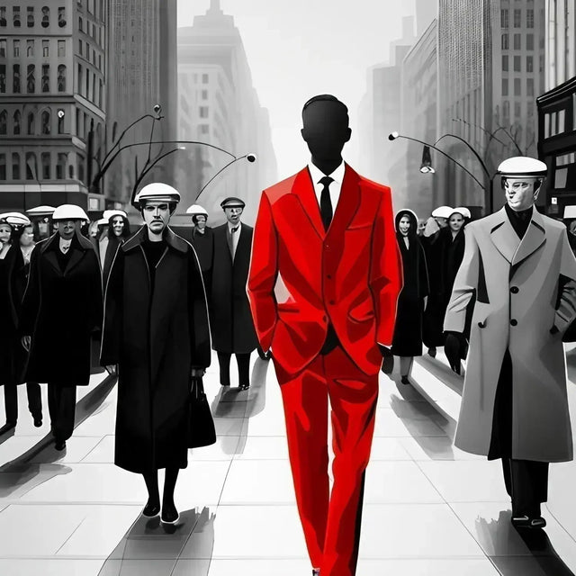 Man in red suit walking street, crafting unique voice in crowded market