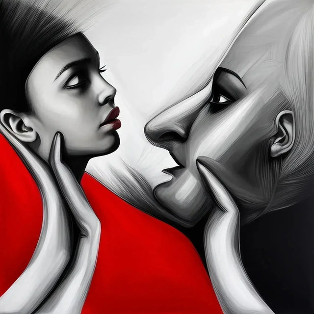 Painting of two women kissing representing perfect balance in life mission and personal relationships.