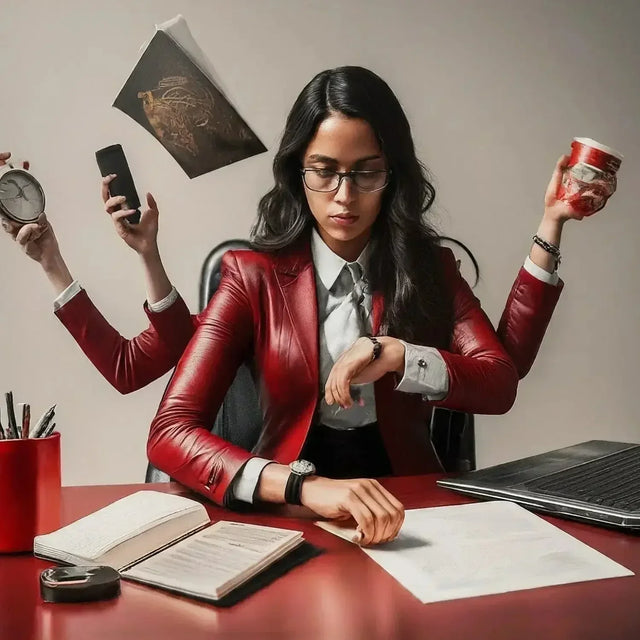 Woman in a red jacket at a desk with a laptop, coffee, and book on productivity hacks.