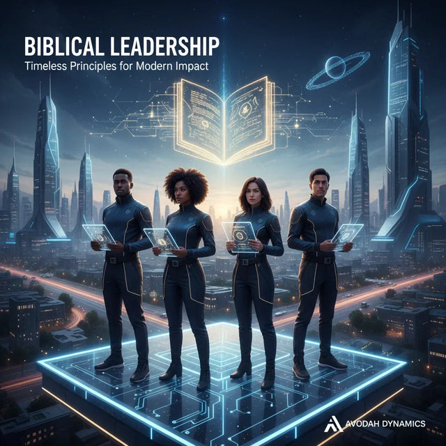 Futuristic biblical leadership book with glowing pages and circuit board design cover