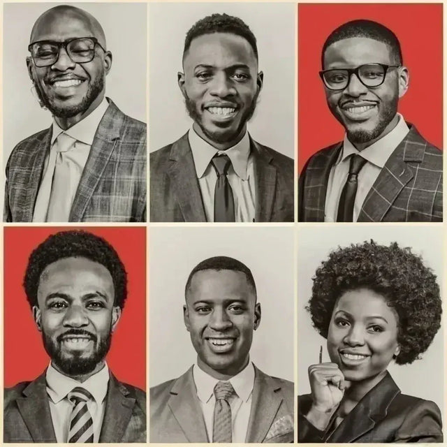 Diverse group showcasing various facial expressions celebrating Black Entrepreneurs’ success.