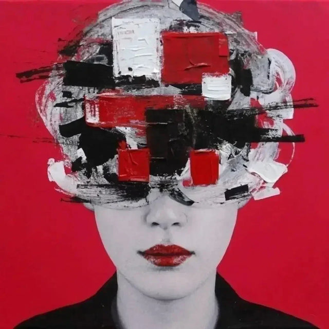 Woman with a red cross on her head symbolizing positive thinking in personal development.