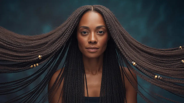 Woman with long dark braided hair adorned with golden beads symbolizing breaking free from false humility