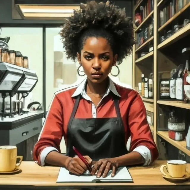 Woman sitting at a table with a cup and pen, reflecting on systemic challenges faced by Black entrepreneurs.